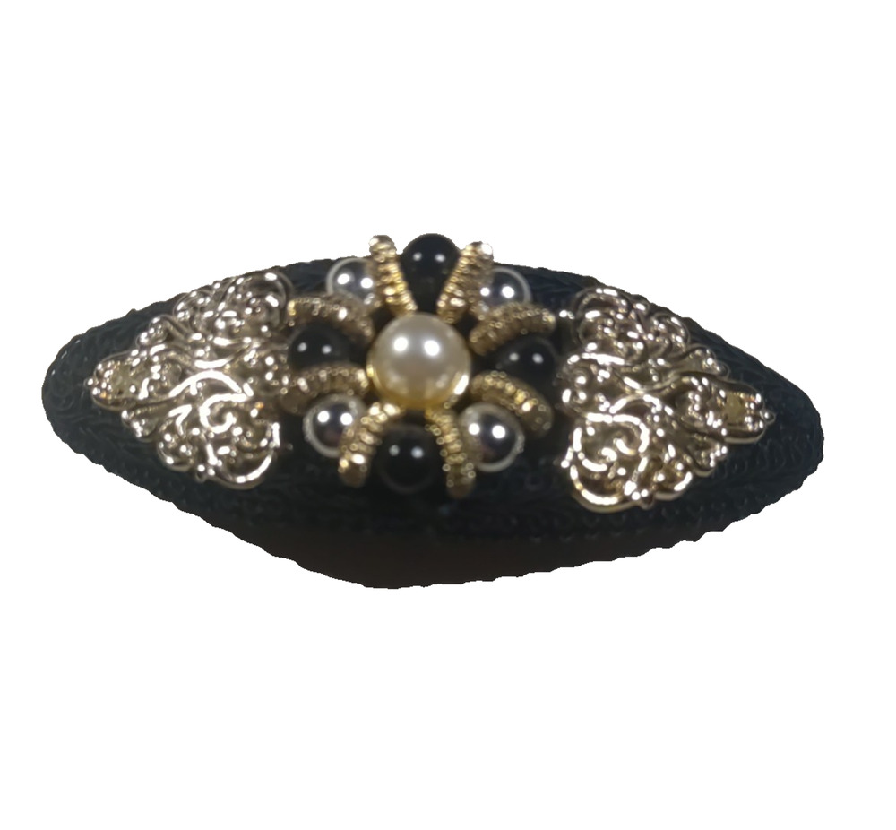 Hair Barrette Tension Clip Black Cloth Gold Silver Tone Beaded Party Elegant